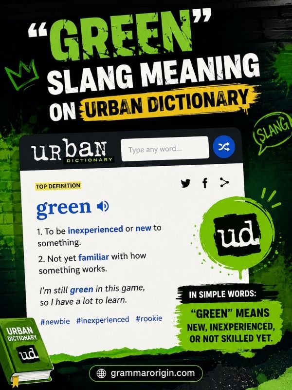 Green Slang Meaning on Urban Dictionary infographic explaining the meaning, origin, and modern usage of green slang by GrammarOrigin
