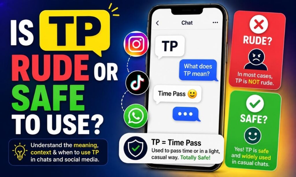 Is TP Rude or Safe to Use Infographic explaining when TP is appropriate in text messages, chats, gaming, and social media based on context, with MeaningCe