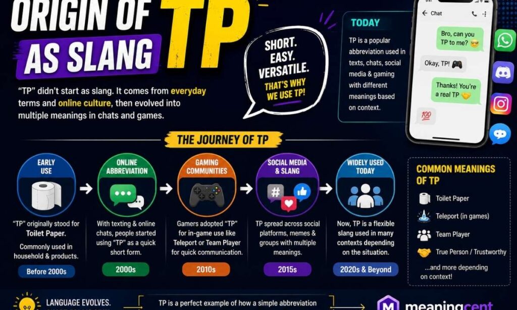 Origin of TP as Slang infographic showing how TP evolved from an abbreviation into popular text, chat, gaming, and social media slang with MeaningCent bra