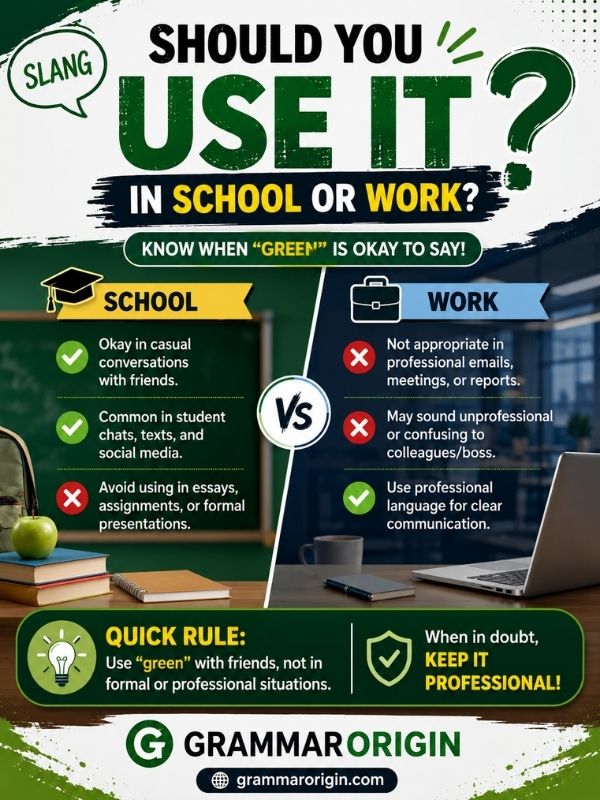 Should You Use Green Slang in School or Work infographic explaining when it is appropriate to use green slang in casual, academic, and professional settin
