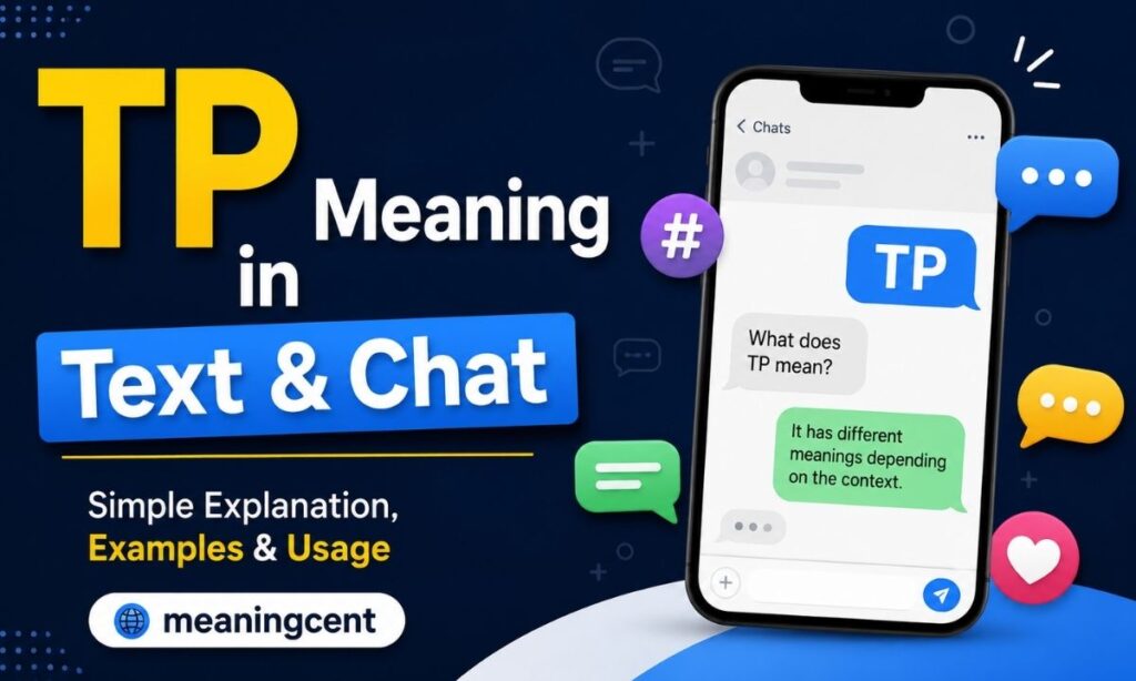 TP Meaning in Text & Chat guide with smartphone messaging illustration and MeaningCent branding