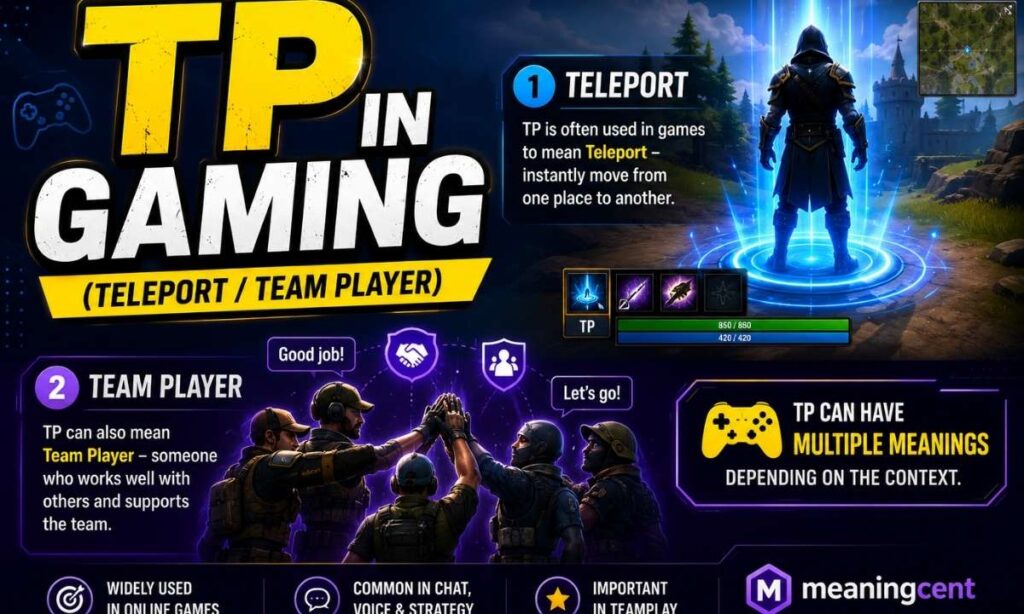 TP in Gaming meaning explained with Teleport and Team Player examples, featuring gaming characters, teleport effect, multiplayer teamwork, and MeaningCent