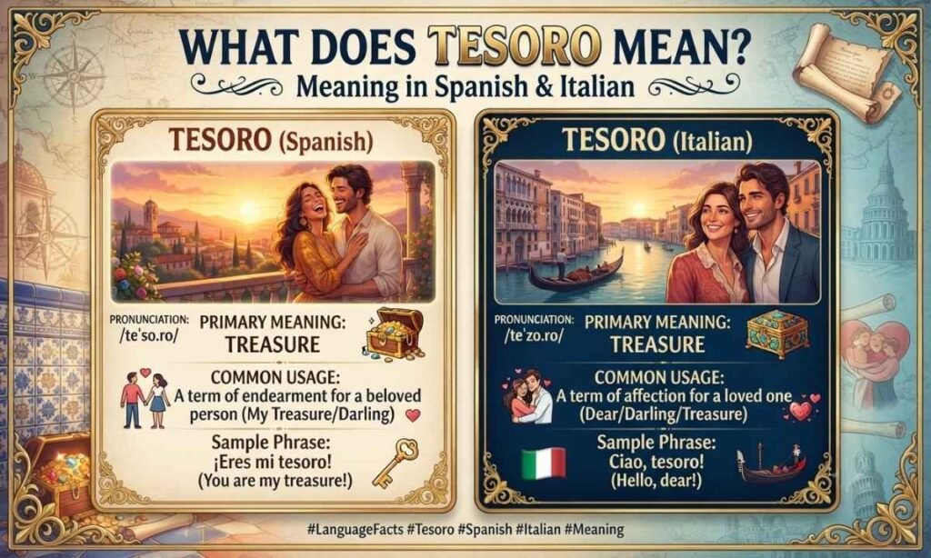 Tesoro meaning in Spanish and Italian with treasure chest and language comparison illustration