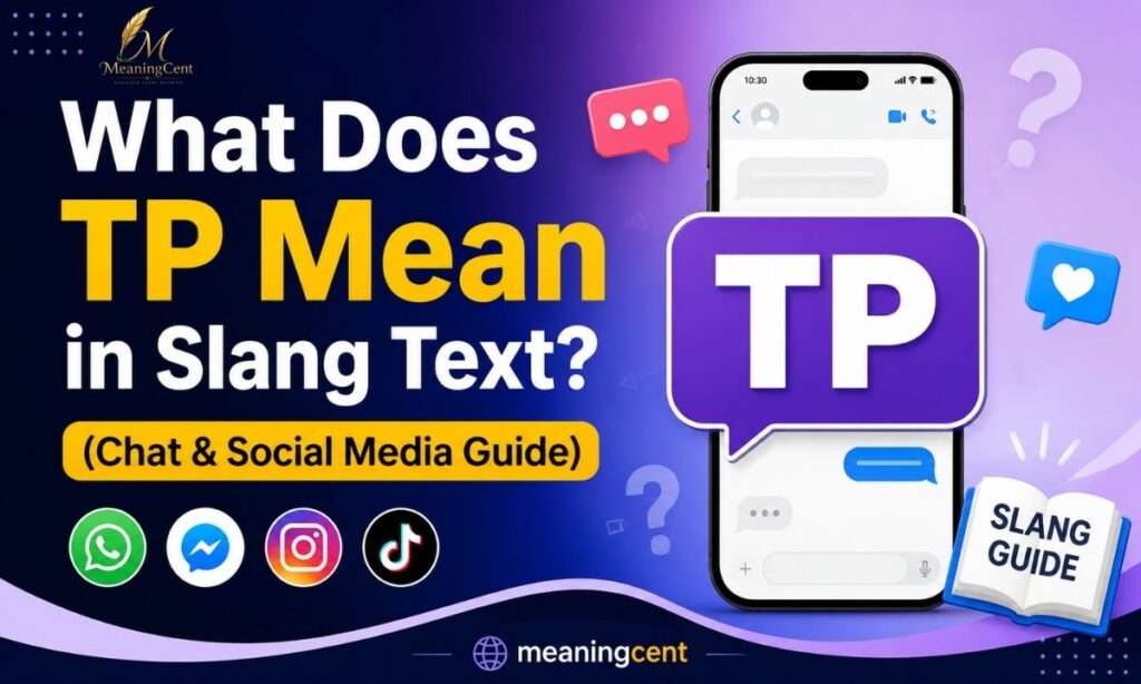What Does TP Mean in Slang Text Chat and Social Media Guide thumbnail featuring a smartphone with TP chat bubble, messaging icons, and the MeaningCent logo