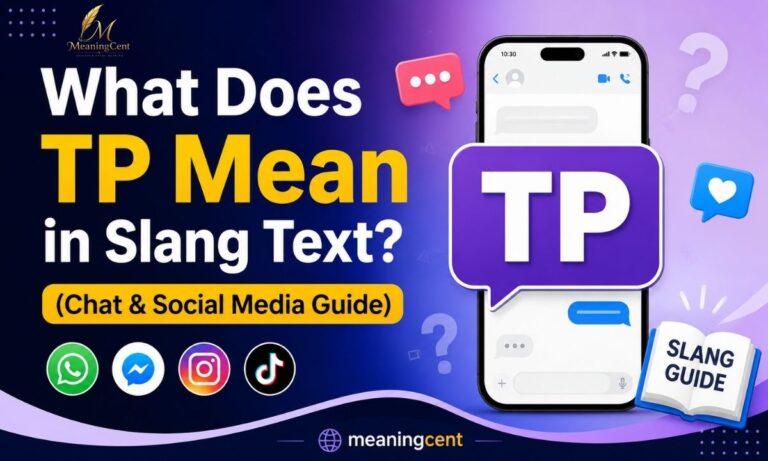 What Does TP Mean in Slang Text Chat and Social Media Guide thumbnail featuring a smartphone with TP chat bubble, messaging icons, and the MeaningCent logo