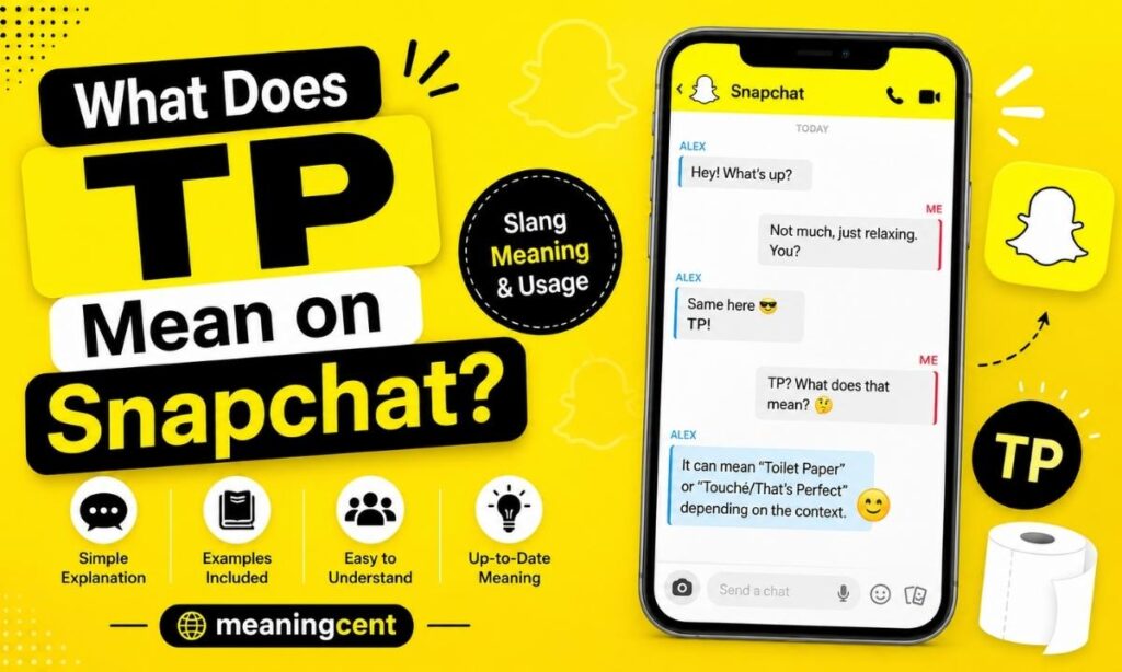 What Does TP Mean on Snapchat Illustrated guide showing TP Snapchat slang meaning with chat conversation, smartphone screen, examples, and MeaningCent bra