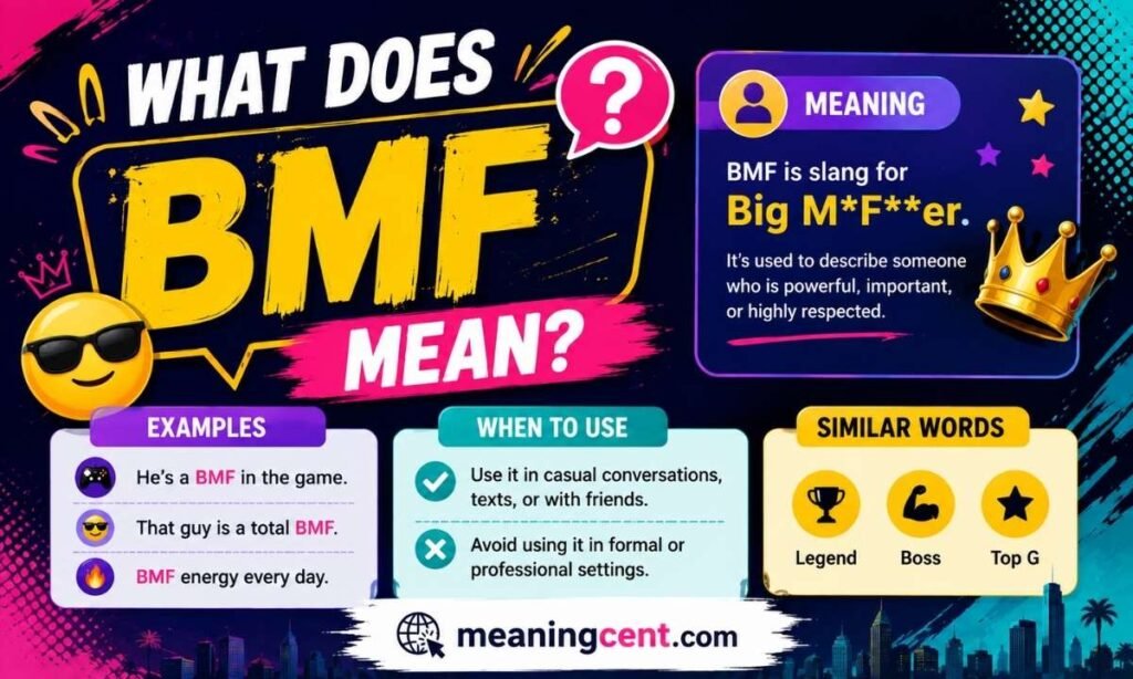 BMF slang meaning infographic with definition, examples, and usage guide by MeaningCent